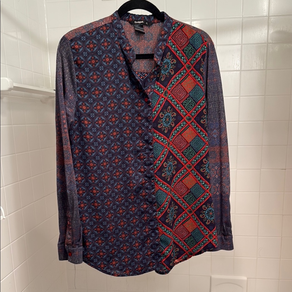 Desigual Blue and Red Casual Button Down Shirt with Mixed Patterns